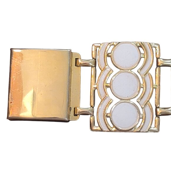 Vintage Gold White Enamel Link Bracelet Retro Geometric Design Bold Statement - Picture 3 of 7